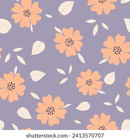 Seamless pattern with flowers and leaves in classic style. Peach fuzz and violet colours. Floral background. Vector illustration for wallpaper, giftpapers, textile, design projects and cards.