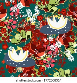 Seamless pattern with flowers, leaves. Colorful floral background. Summer print. Fabric design, wallpaper