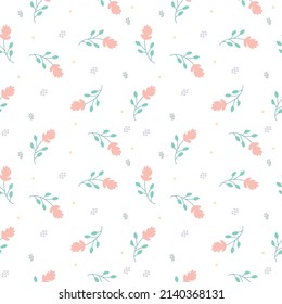 Seamless pattern with flowers and leaves. Colorful ornament item with spring symbols. For printing wrapping paper, wallpaper, packaging, fabric. Hand Drawn vector illustration.