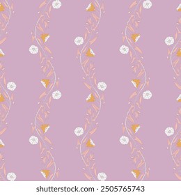 Seamless pattern with flowers and leaves of convolvulus plant. Template with morning-glory wildflowers for fashion prints. Light purple background. Vector illustration