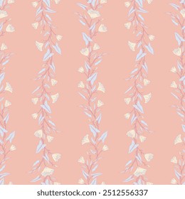 Seamless pattern with flowers and leaves of convolvulus plant. Template with bindweed wildflowers for fashion prints. Light pink background. Vector illustration