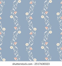 Seamless pattern with flowers and leaves of convolvulus plant. Template with morning-glory wildflowers for fashion prints. Light blue-gray background. Vector illustration
