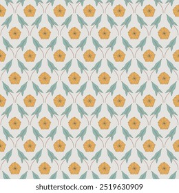 Patrón sin fisuras con flores y hojas de la planta convolvulus. Plantilla con flores silvestres de algas para estampados de moda. Rejilla de forma de diamante. Fondo gris. Ilustración vectorial