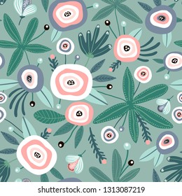 Seamless pattern with flowers, leaves. Creative floral green texture. Great for fabric, textile Vector Illustration