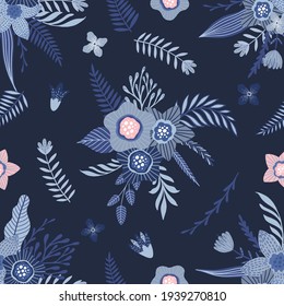 Patrón sin foco con flores y hojas. Textura floral creativa. Excelente para tela, vectores textiles Ilustración