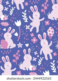 Seamless pattern with flowers and leaves and cute bunnies. Vector file for designs.