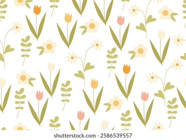 Seamless pattern with flowers and leaves. Cute background