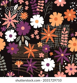 Seamless pattern with flowers, leaves and doodle elements. Creative floral design. Print for fabric and textile. Vector illustration. 