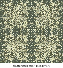 Seamless pattern with flowers, leaves, dots. Floral background. Fabric design