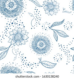 Seamless pattern - flowers, leaves, dots. White background