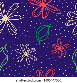 Seamless pattern with flowers, leaves and dots drawn by hand. Doodle, sketch, scribble. Stylish vector illustration.