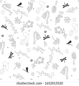  Seamless pattern with flowers, leaves and dragonfly. Black and white vector pattern. Hand drawn. Pattern for card, invitation, wrapping paper, textile fabric 