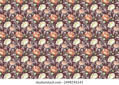Seamless pattern, Flowers and leaves seamless pattern. Fabric colorful illustration texture.Peony, floral bouquet elements and beautiful leaves set against a rich background. 