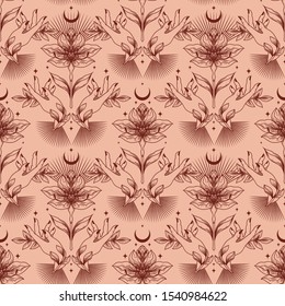 Seamless pattern with flowers, leaves and female hands in the night, female sacral symbol, tender pink color, vector illustration