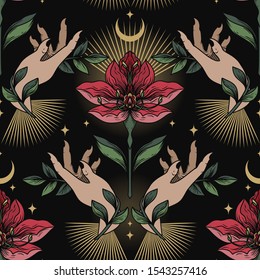 Seamless pattern with flowers, leaves and female hands in the night, female sacral symbol, vector illustration