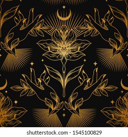 Seamless pattern with flowers, leaves and female hands in the night, female sacral symbol, golden and black, vector illustration