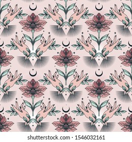 Seamless pattern with flowers, leaves and female hands in the night, female sacral symbol, pastel colors, vector illustration