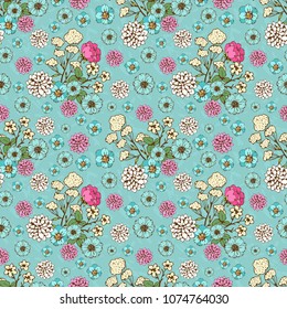 Seamless pattern with flowers, leaves. Floral background texture. Fabric design