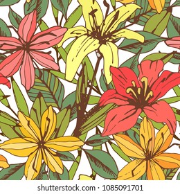 Seamless pattern with flowers, leaves. Floral background texture. Fabric design