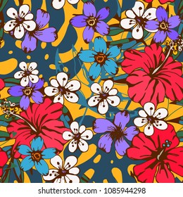 Seamless pattern with flowers, leaves. Floral background texture. Fabric design