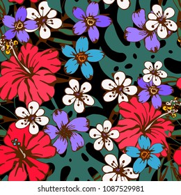 Seamless pattern with flowers, leaves. Floral background texture. Fabric design