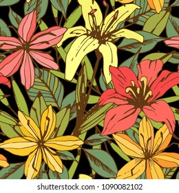 Seamless pattern with flowers, leaves. Floral background texture. Fabric design