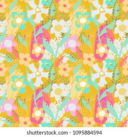 Seamless pattern with flowers, leaves. Floral background texture. Summer grunge print. Fabric design