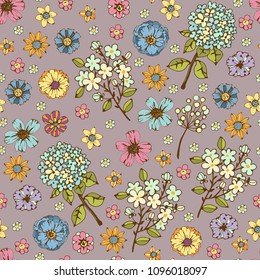 Patrón sin fisuras con flores, hojas. Textura de fondo floral. Estampado de verano. Diseño de la tela