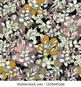 Seamless pattern with flowers, leaves. Floral background texture. Fabric design