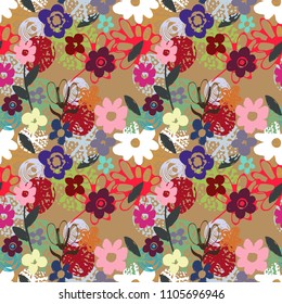 Seamless pattern with flowers, leaves. Floral background texture. Summer grunge print. Fabric design