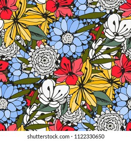 Seamless pattern with flowers, leaves. Floral background. Summer print. Fabric design