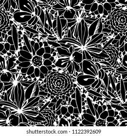 Seamless pattern with flowers, leaves. Floral background. Fabric design in black and white