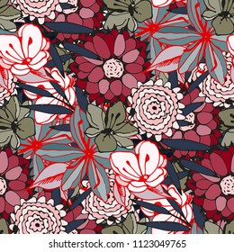 Seamless pattern with flowers, leaves. Floral background. Summer print. Fabric design