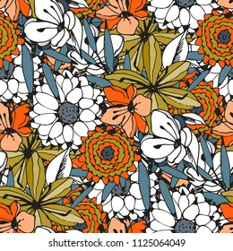 Seamless pattern with flowers, leaves. Floral background. Summer print. Fabric design