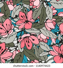 Seamless pattern with flowers, leaves. Floral background. Summer print. Fabric design, wallpaper