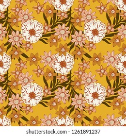 Seamless pattern with flowers, leaves. Floral background. Fabric design, wallpaper