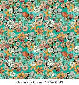 Seamless pattern with flowers, leaves. Floral background. Fabric design, wallpaper