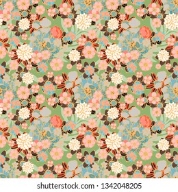 Seamless pattern with flowers, leaves. Floral background. Fabric design, wallpaper