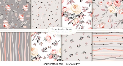 Seamless pattern with flowers and leaves. Floral background for Wallpaper,paper and fabric. Set of seamless patterns with roses , stripes. Tile, vector.