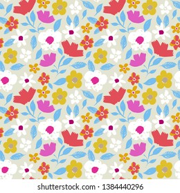 Seamless pattern with flowers, leaves. Floral vintage background. Summer print. Fabric design, wallpaper