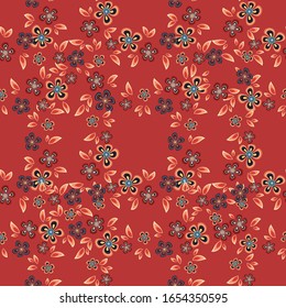 Seamless pattern of flowers and leaves. The floral ornament is located in a geometric order. Design for textile, paper, packaging, bedding. Vector illustration.