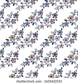 Seamless pattern of flowers and leaves. The floral ornament is located in a geometric order. Design for textile, paper, packaging, bedding. Vector illustration.
