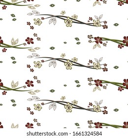 Seamless pattern of flowers and leaves. The floral ornament is located in a geometric order. Design for textile, paper, packaging, bedding. Vector illustration.