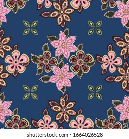 Nahtlose Muster von Blumen und Blättern. Die Blumenschmuck befindet sich in geometrischer Reihenfolge. Design für Textilien, Papier, Verpackungen, Betten. Vektorillustration.