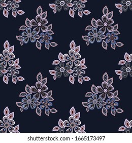 Seamless pattern of flowers and leaves. The floral ornament is located in a geometric order. Design for textile, paper, packaging, bedding. Vector illustration.