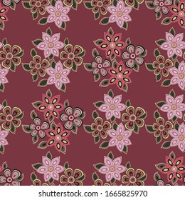 Seamless pattern of flowers and leaves. The floral ornament is located in a geometric order. Design for textile, paper, packaging, bedding. Vector illustration.