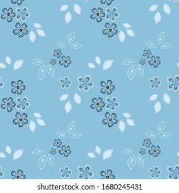 Seamless pattern of flowers and leaves. Floral ornament is arranged in random order. Design for textile, paper, packaging, bedding in a folk style. Vector flat illustration.