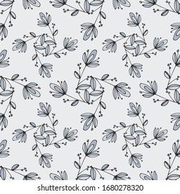 Seamless pattern of flowers and leaves. Floral ornament located in the style of hand-drawn. Design for textile, paper, packaging, bedding from colorful doodle elements. Vector illustration