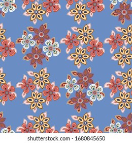 Seamless pattern of flowers and leaves. The floral ornament is located in a geometric order. Design for textile, paper, packaging, bedding. Vector illustration.