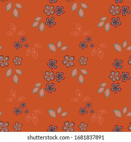 Seamless pattern of flowers and leaves. Floral ornament is arranged in random order. Design for textile, paper, packaging, bedding in a folk style. Vector flat illustration.